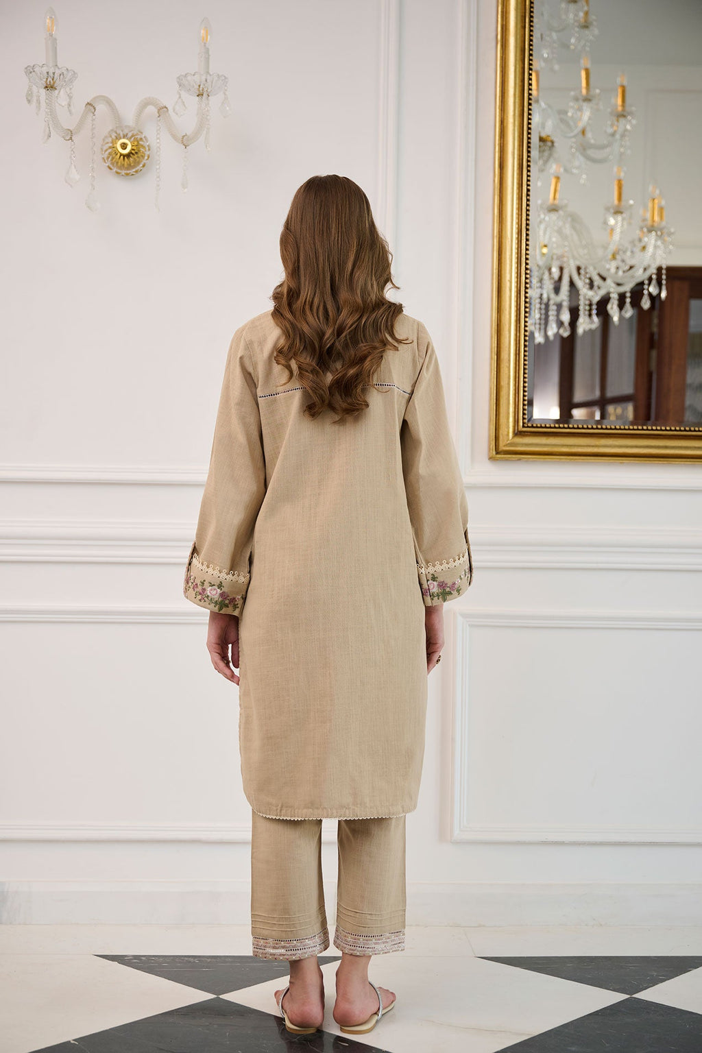 DC-2246 BEIGE 2PCS  EMBROIDERED KURTA WITH TROUSER