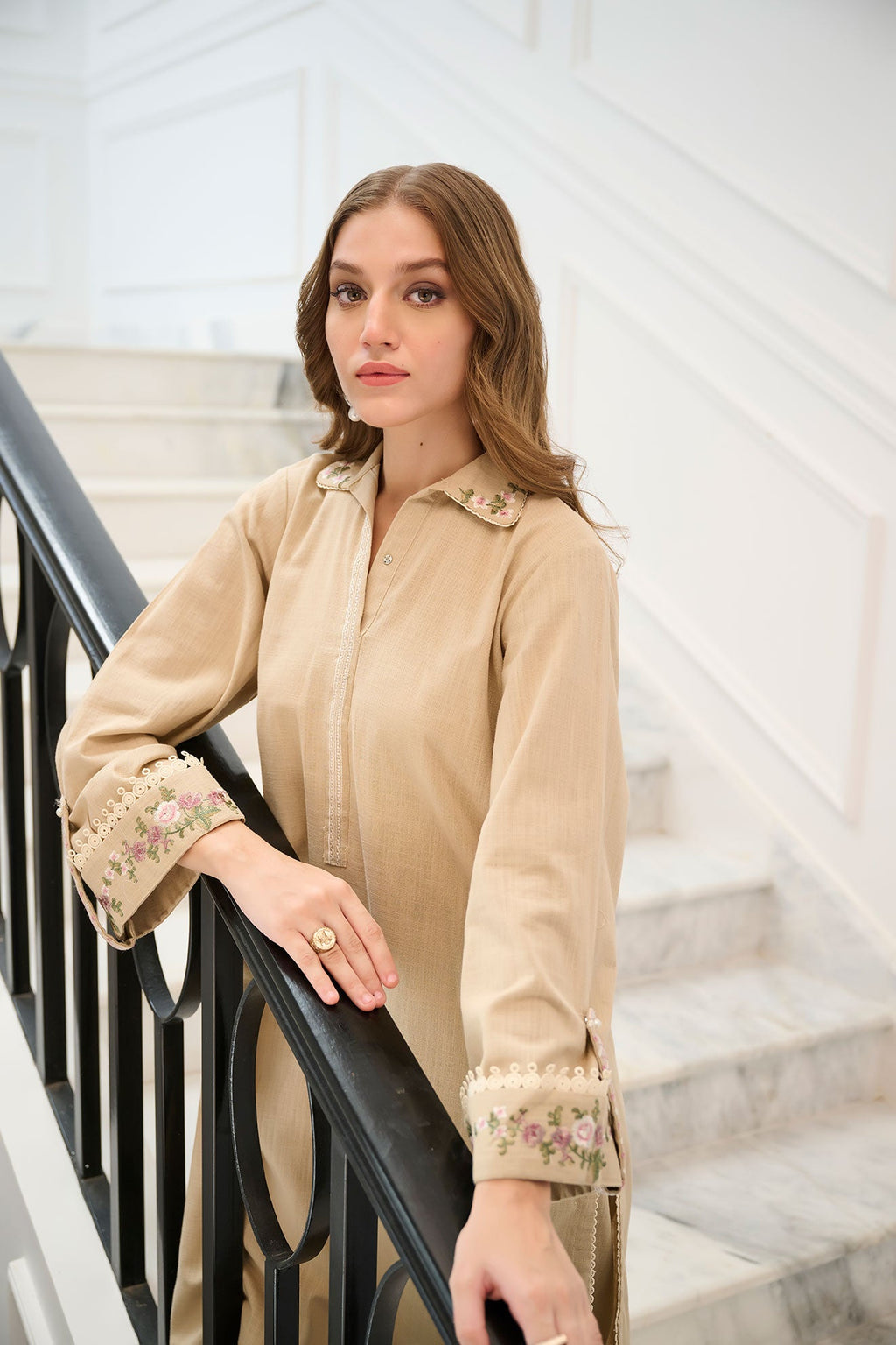 DC-2246 BEIGE 2PCS  EMBROIDERED KURTA WITH TROUSER