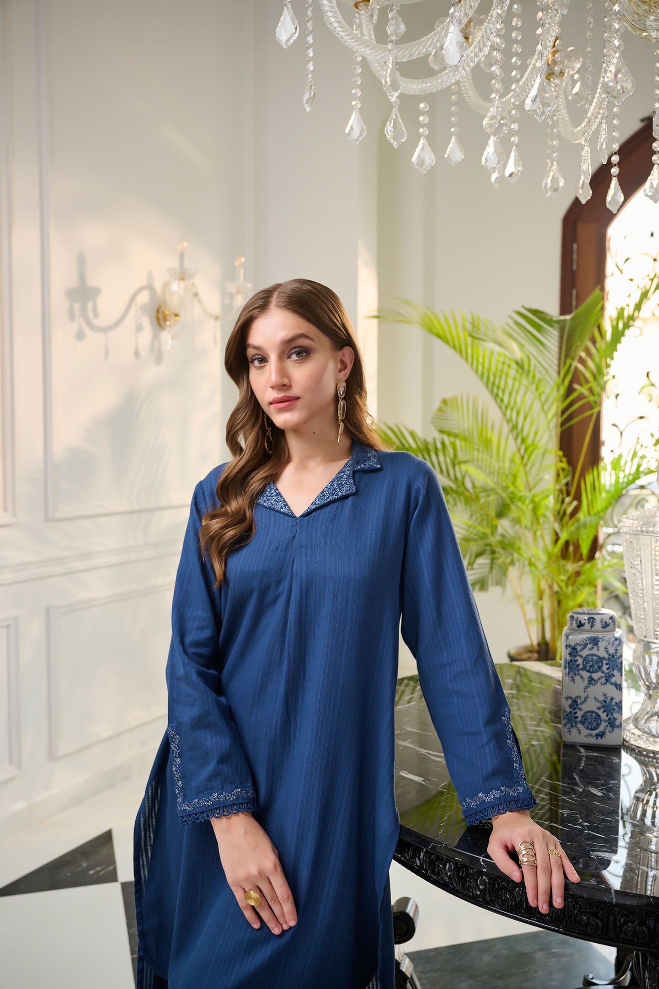 DC-2248 NAVY BLUE 2PCS  EMBROIDERED KURTA WITH TROUSER