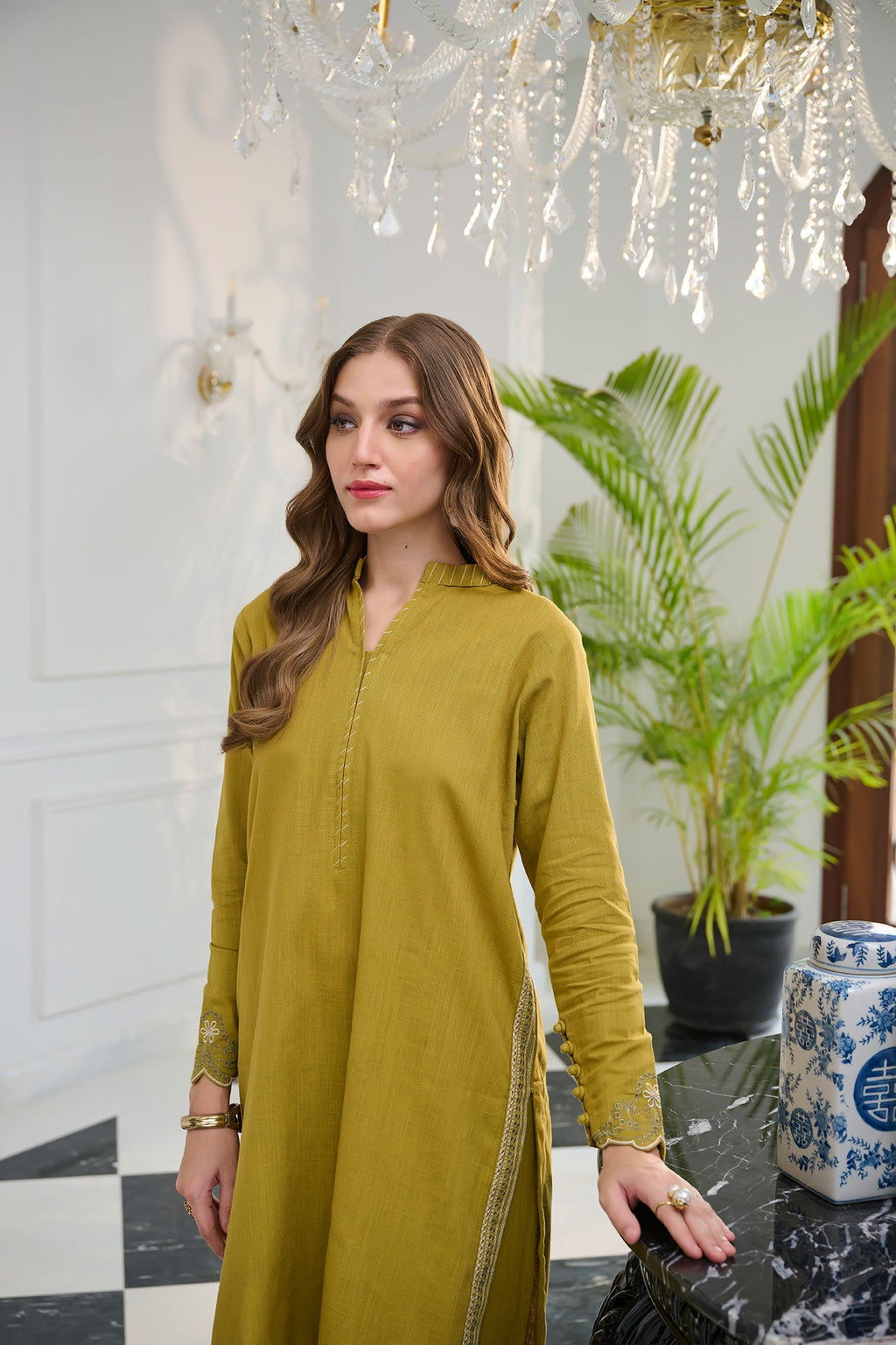 DC-2250 GREEN 2PCS  EMBROIDERED KURTA WITH TROUSER