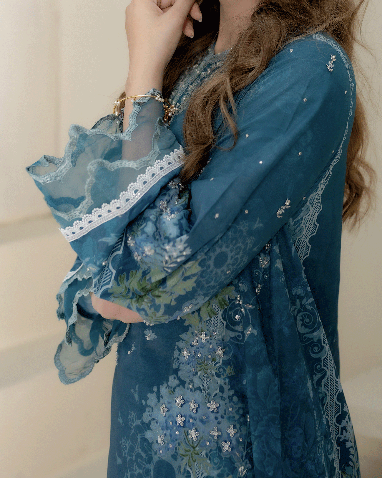 DC-2273 TURQUOISE BLUE 2PCS HAND EMBELLISHED  SHIRT WITH TROUSER