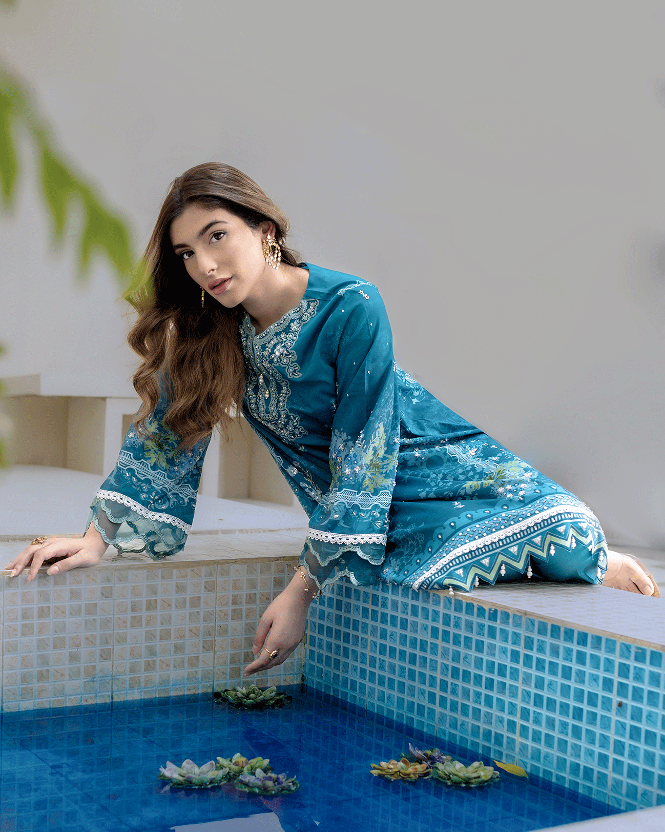 DC-2273 TURQUOISE BLUE 2PCS HAND EMBELLISHED  SHIRT WITH TROUSER