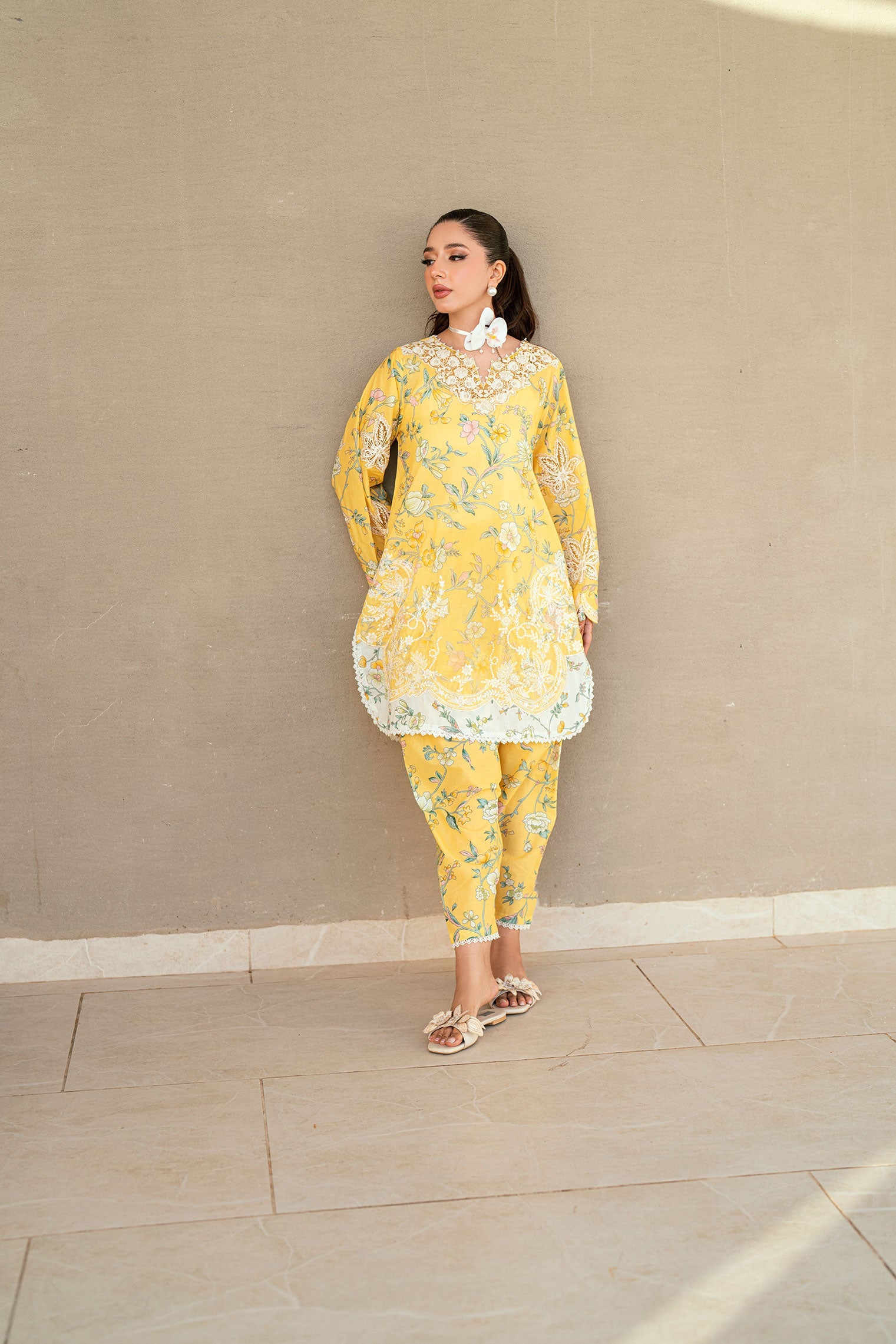 SS25DC-2534 YELLOW LAWN 2PCS EMBROIDERED KURTA WITH TROUSER