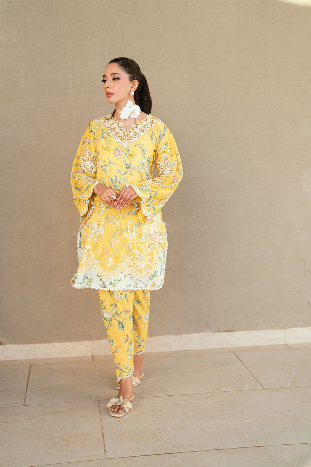 SS25DC-2534 YELLOW LAWN 2PCS EMBROIDERED KURTA WITH TROUSER