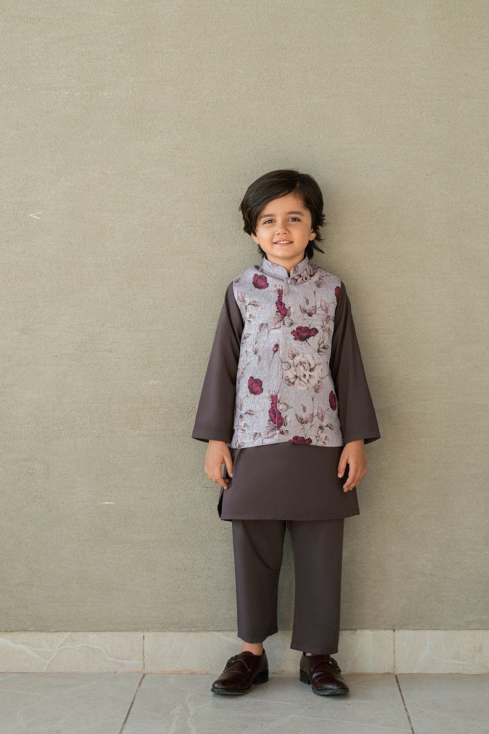 SS25DK-0191 - DARK GREY - KURTA ,PAJAMA & WAIST COAT - 3PCS