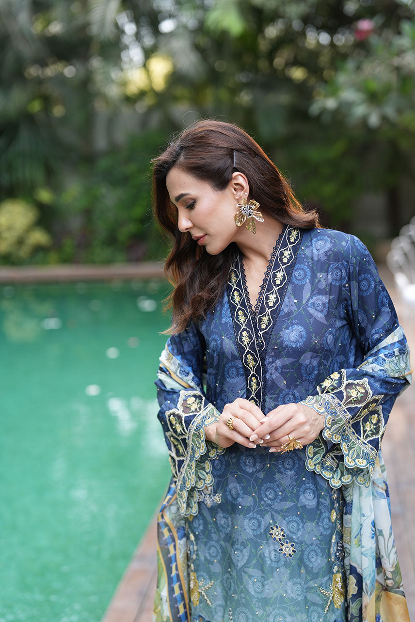 SS25DA-2754 NAVY BLUE 2PCS  EMBROIDERED KURTA WITH TROUSER