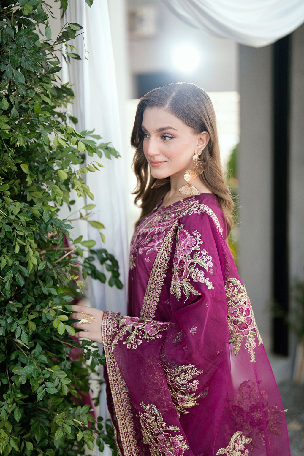SS25DA-2701 PLUM 2PCS  EMBROIDERED KURTA WITH TROUSER