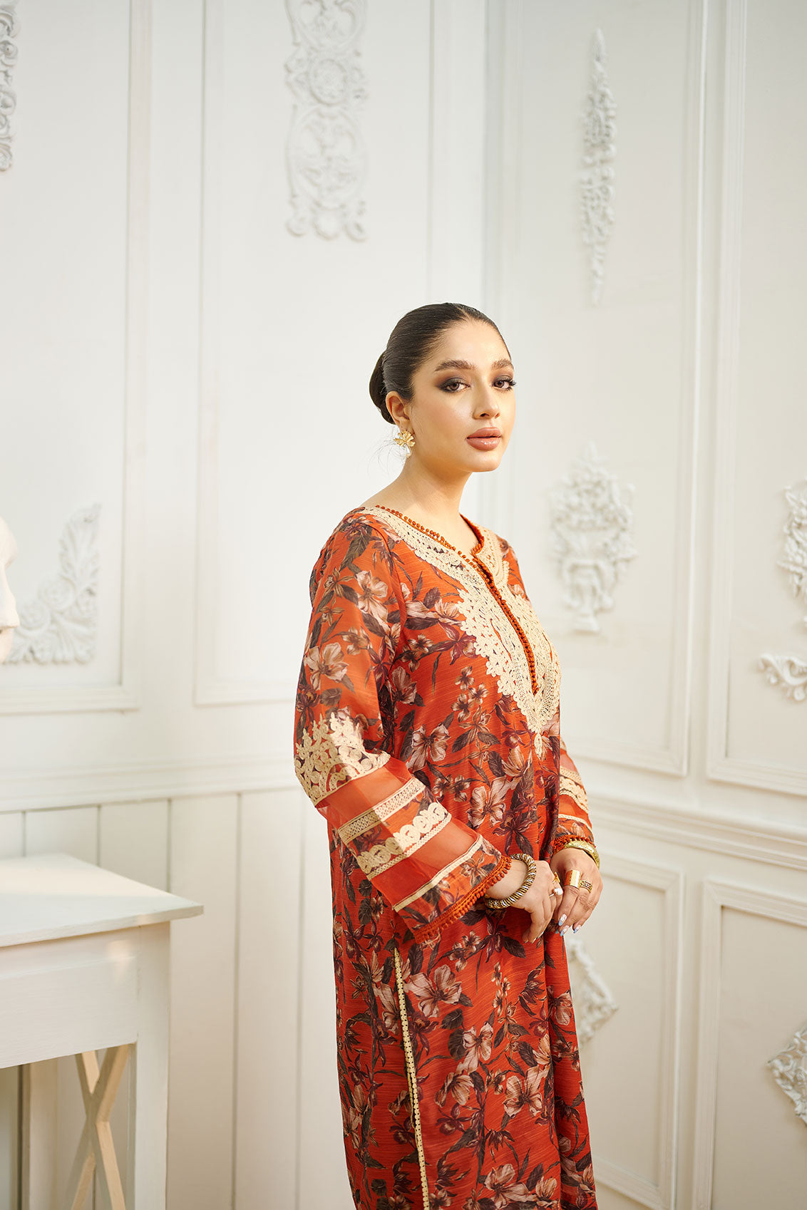 DA-1634 ORANGE EMBROIDERED KURTA WITH TROUSER
