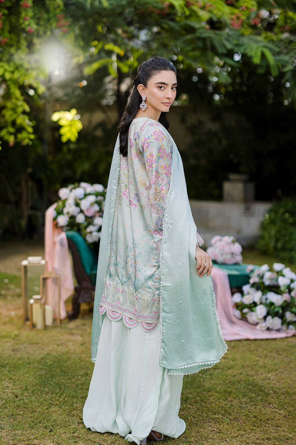 Silk Tunic - 2PCS HAND EMBELLISHED  SHIRT WITH TROUSER-FW25DA-2871 L-GREEN
