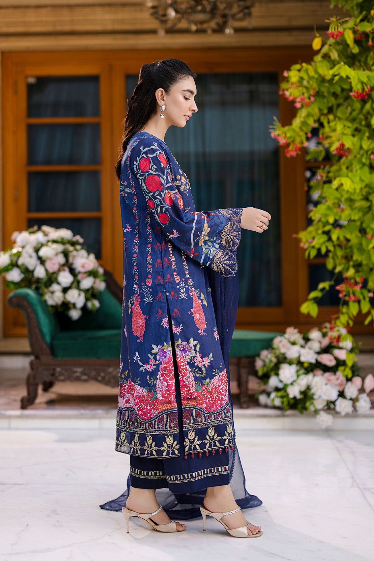 Silk Tunic - 2PCS HAND EMBELLISHED  SHIRT WITH TROUSER-FW25DA-2875 NAVY BLUE