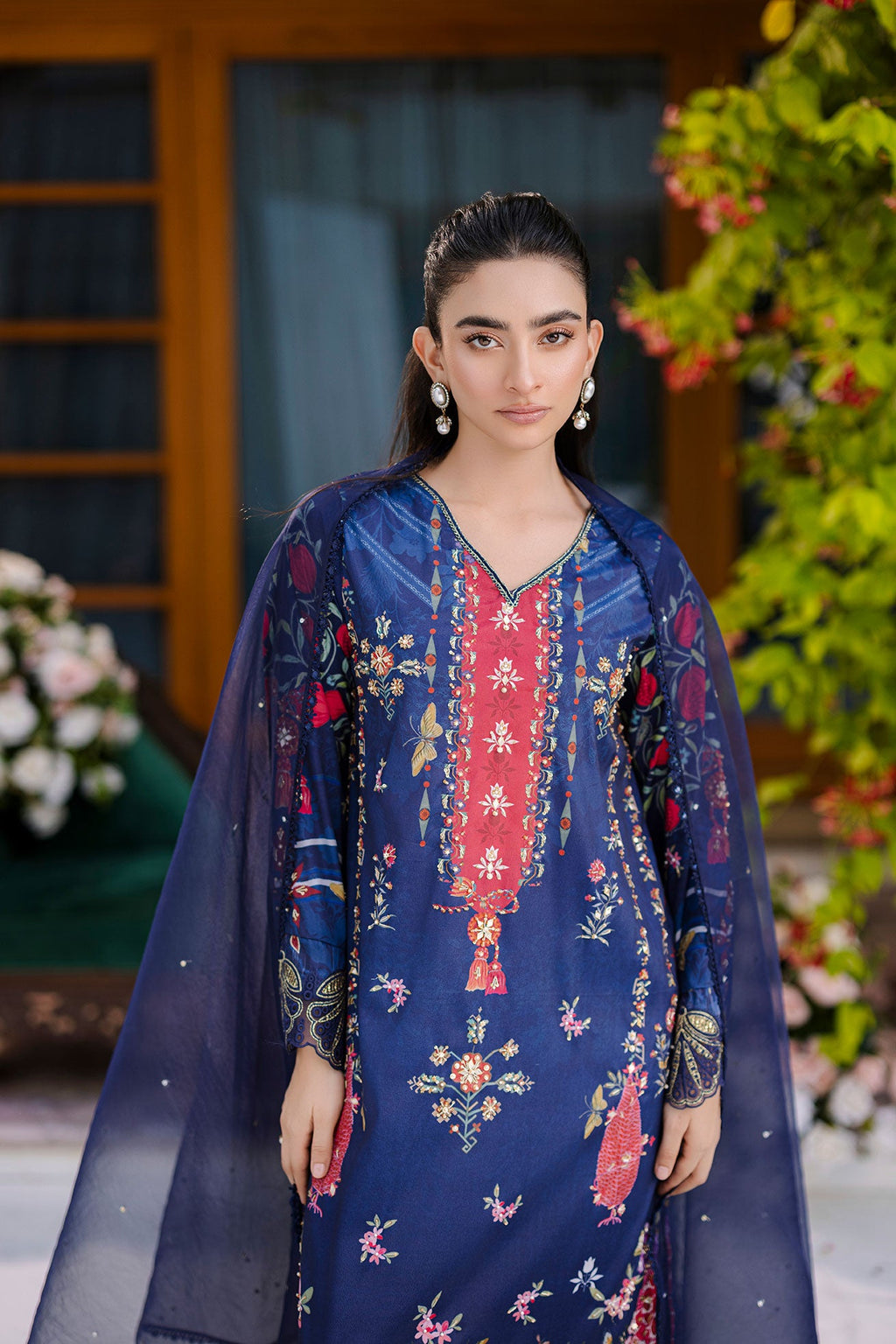 Silk Tunic - 2PCS HAND EMBELLISHED  SHIRT WITH TROUSER-FW25DA-2875 NAVY BLUE