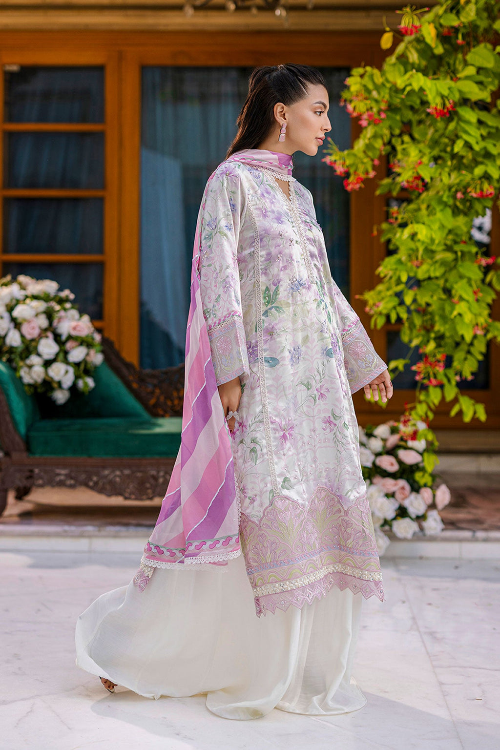 Silk Tunic - 2PCS HAND EMBELLISHED  SHIRT WITH TROUSER-FW25DA-2868 OFF WHITE