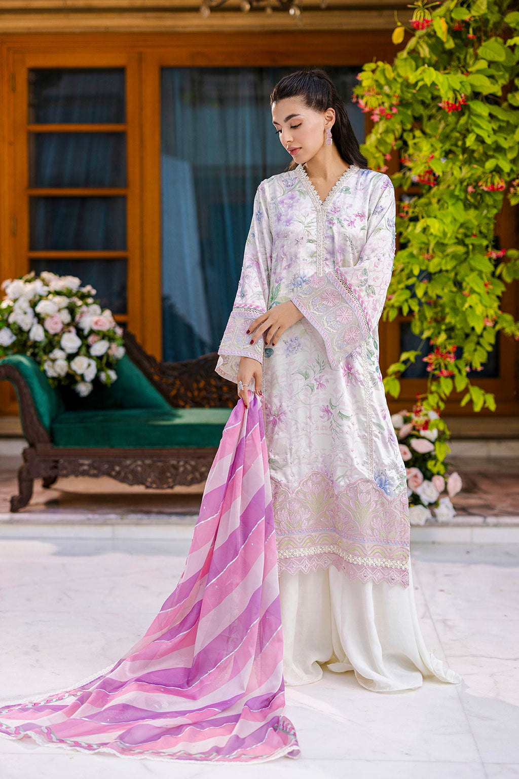 Silk Tunic - 2PCS HAND EMBELLISHED  SHIRT WITH TROUSER-FW25DA-2868 OFF WHITE