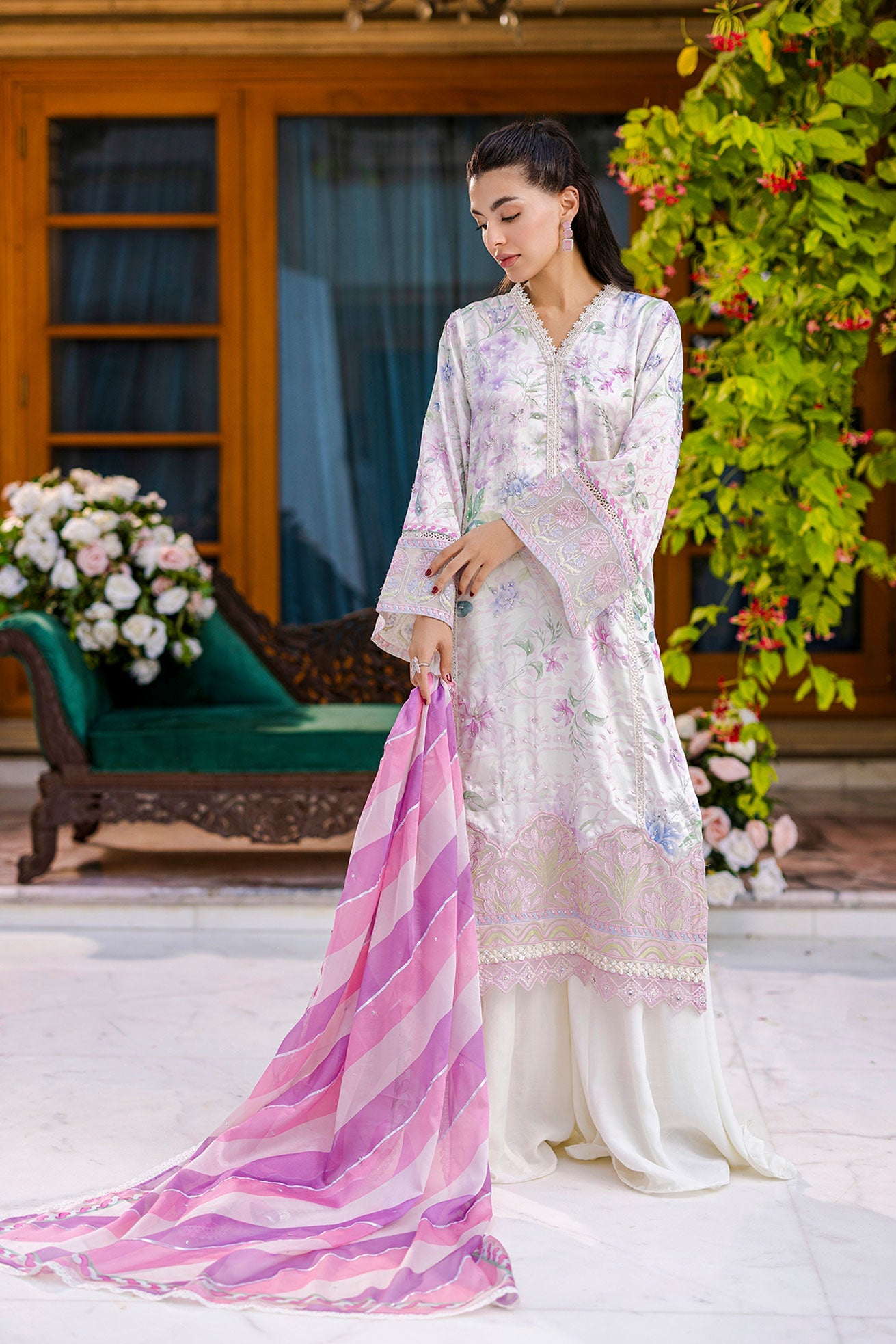 Silk Tunic - 2PCS HAND EMBELLISHED  SHIRT WITH TROUSER-FW25DA-2868 OFF WHITE