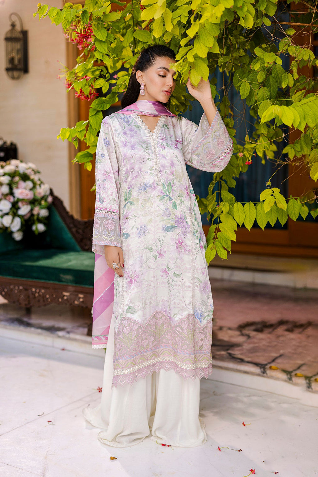 Silk Tunic - 2PCS HAND EMBELLISHED  SHIRT WITH TROUSER-FW25DA-2868 OFF WHITE
