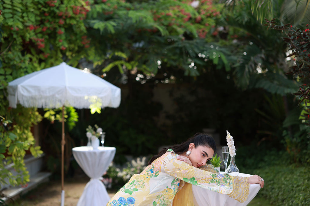 Silk Tunic - 2PCS HAND EMBELLISHED  SHIRT WITH TROUSER-FW25DA-2867 YELLOW