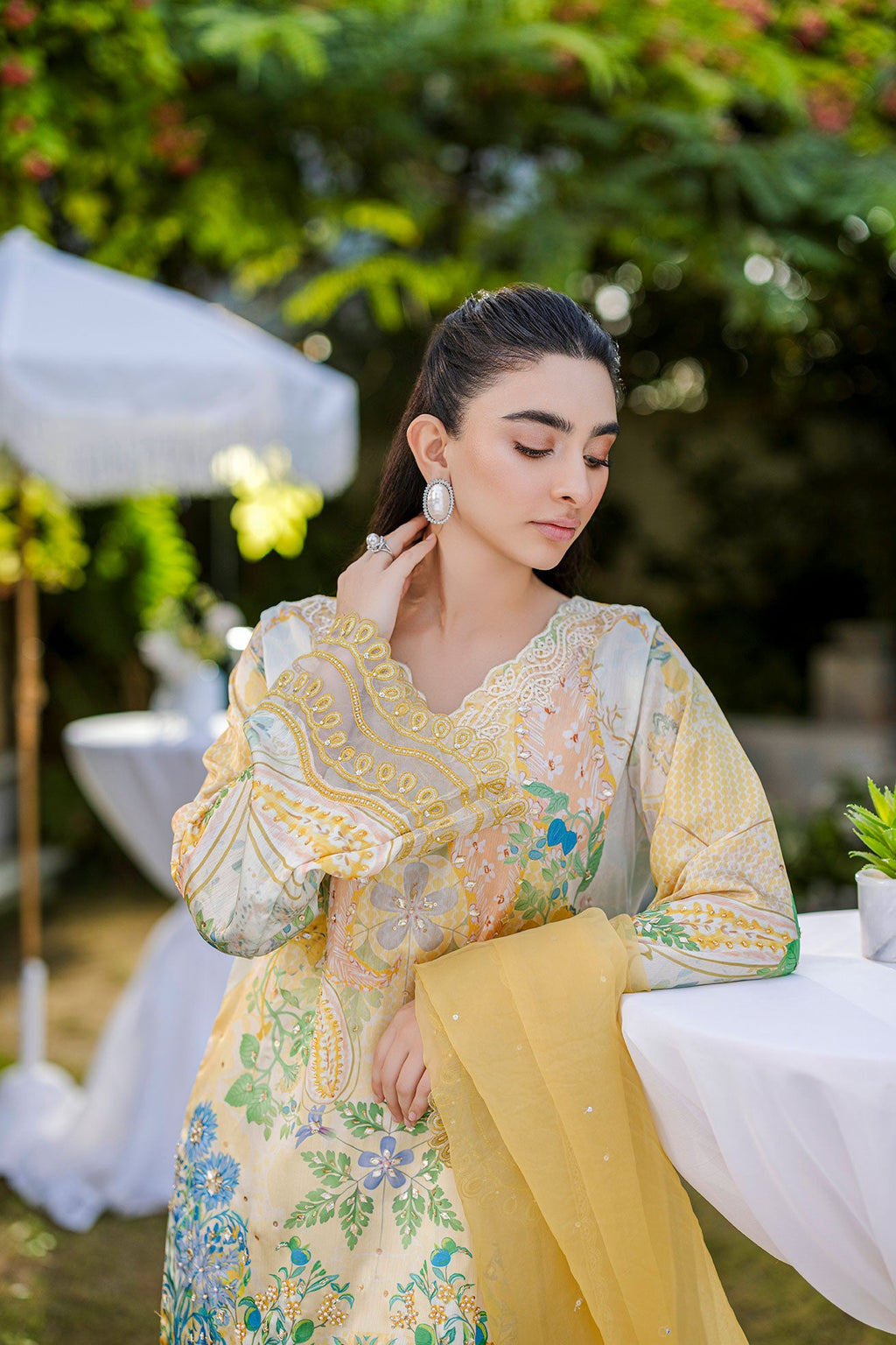Silk Tunic - 2PCS HAND EMBELLISHED  SHIRT WITH TROUSER-FW25DA-2867 YELLOW