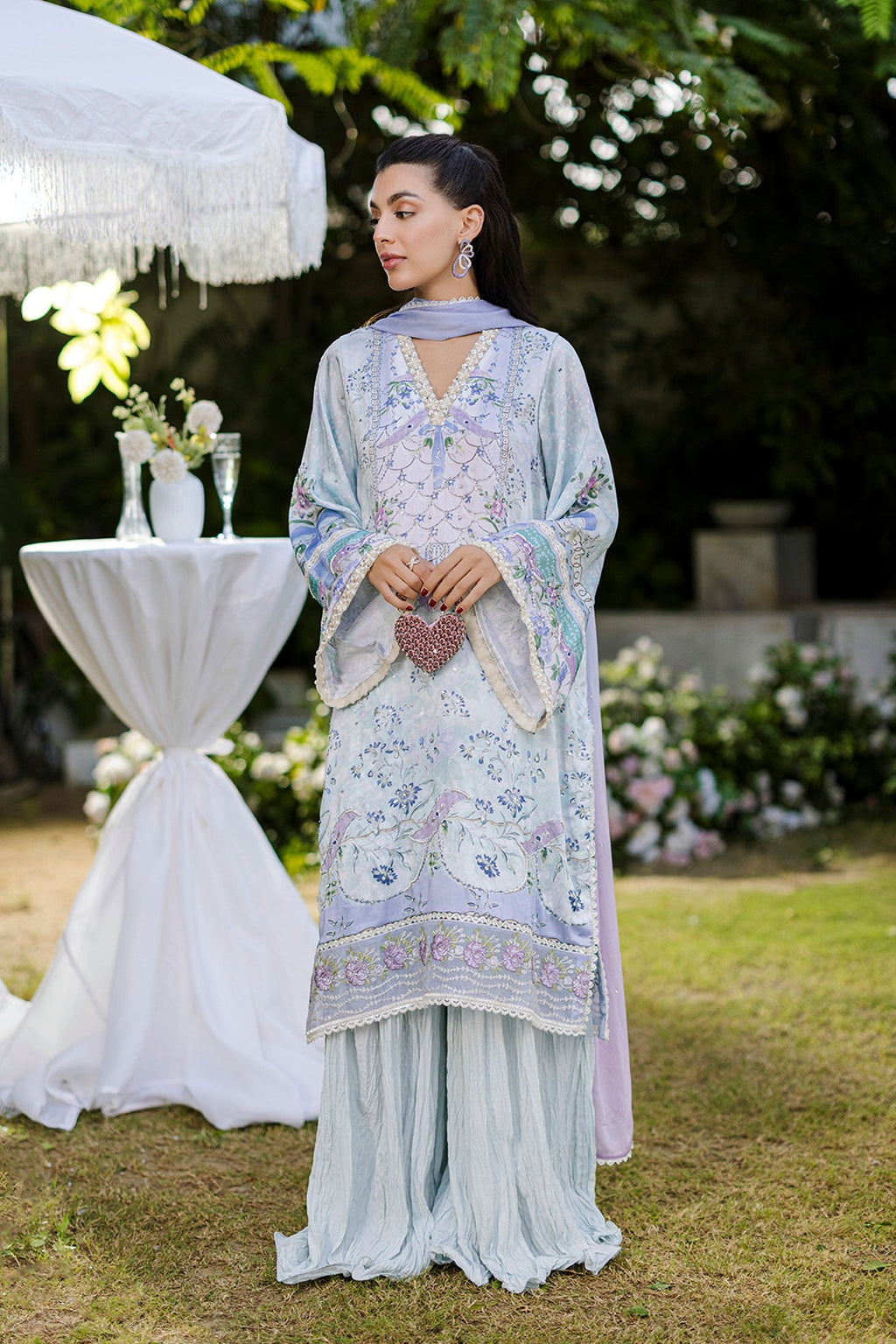 Silk Tunic - 2PCS HAND EMBELLISHED  SHIRT WITH TROUSER-FW25DA-2866 SKY BLUE