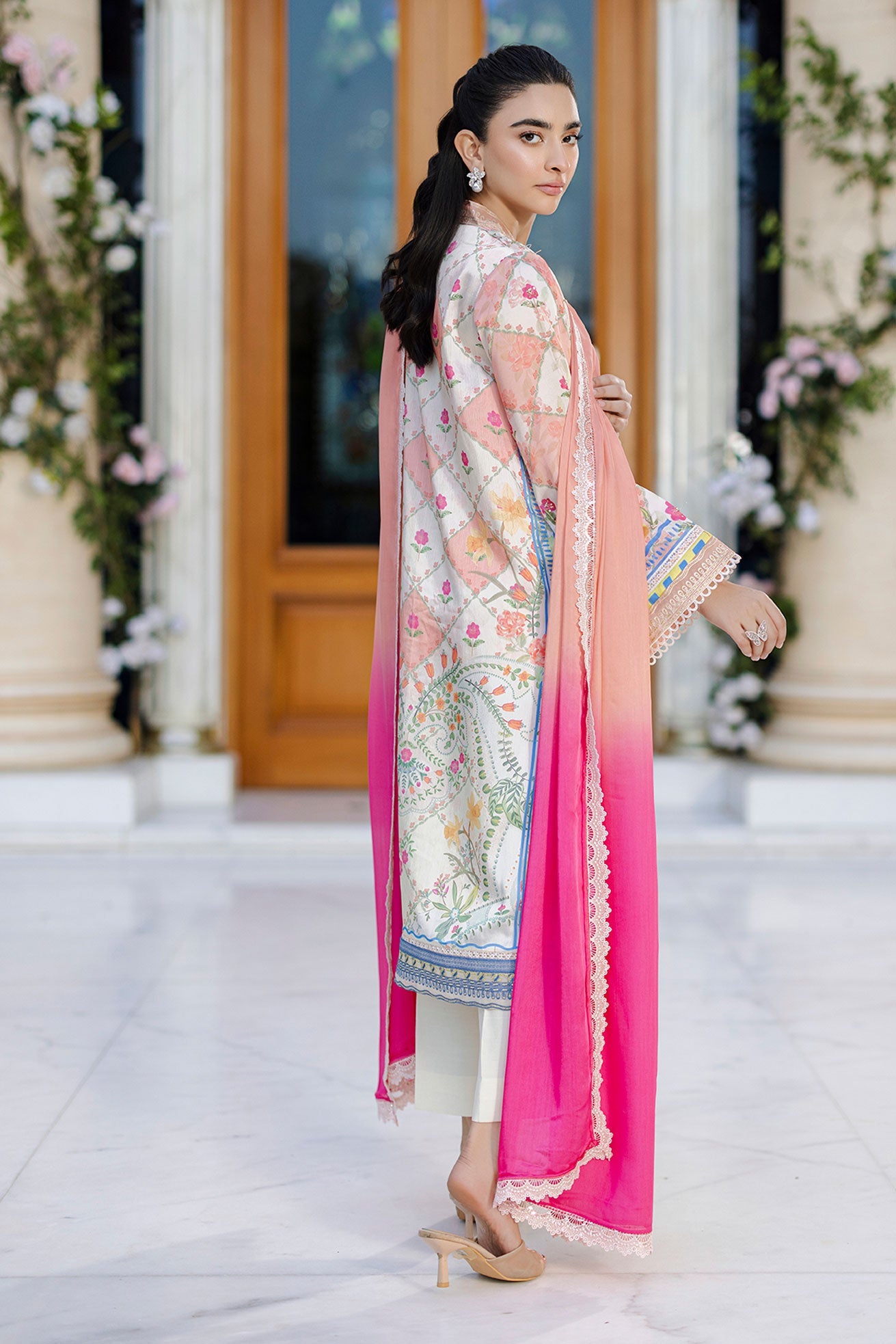 Silk Tunic - 2PCS HAND EMBELLISHED  SHIRT WITH TROUSER-FW25DA-2870 ORANGE