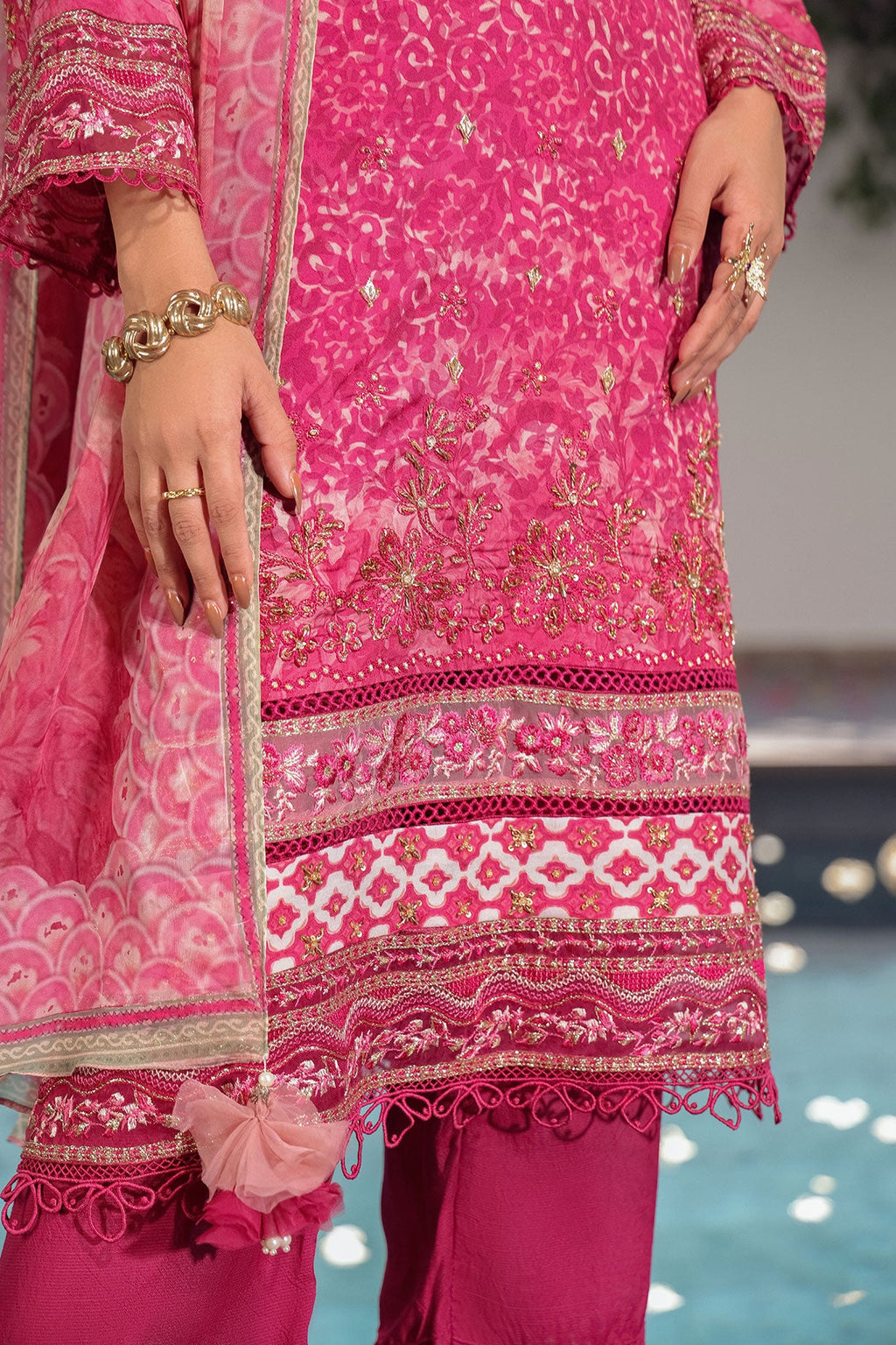 SS24DA-2514 DARK PINK 2PCS HAND EMBELLISHED  SHIRT WITH TROUSER