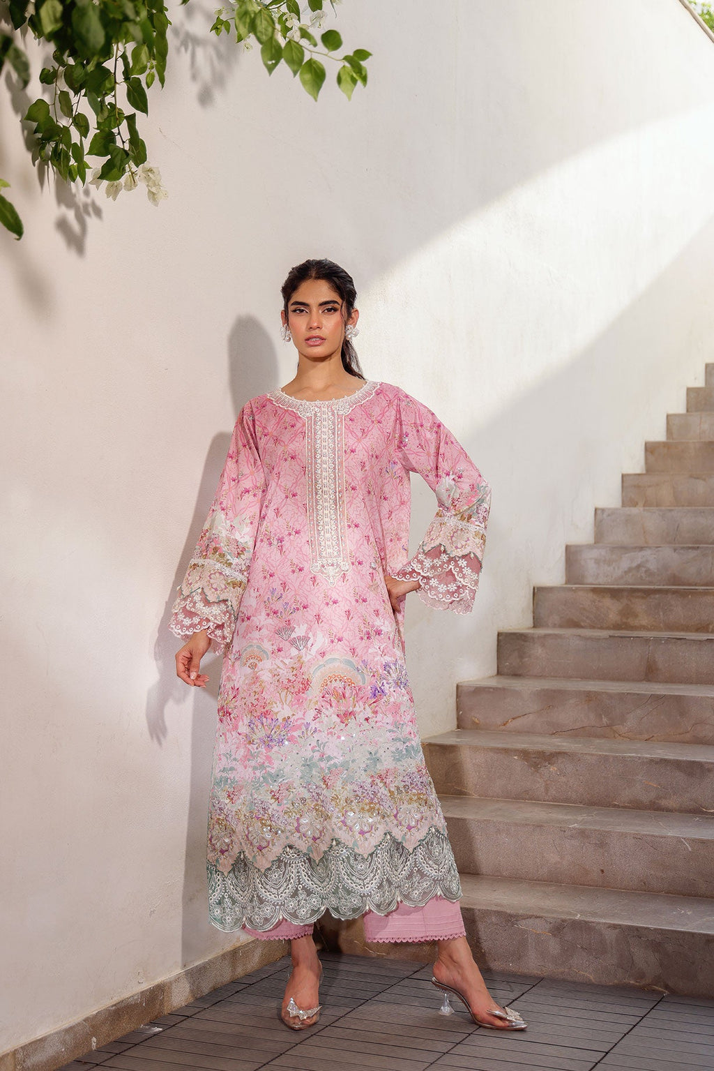 SS24DA-2516 PINK 2PCS HAND EMBELLISHED  SHIRT WITH TROUSER