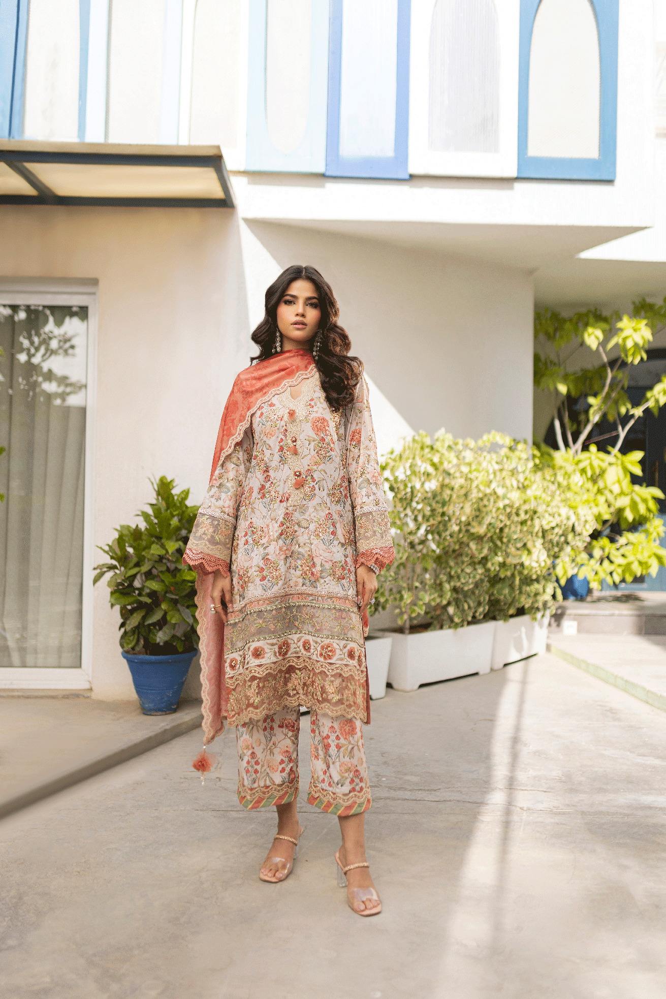Silk Tunic - 2PCS HAND EMBELLISHED  SHIRT WITH TROUSER-SS24DA-2662 BEIGE