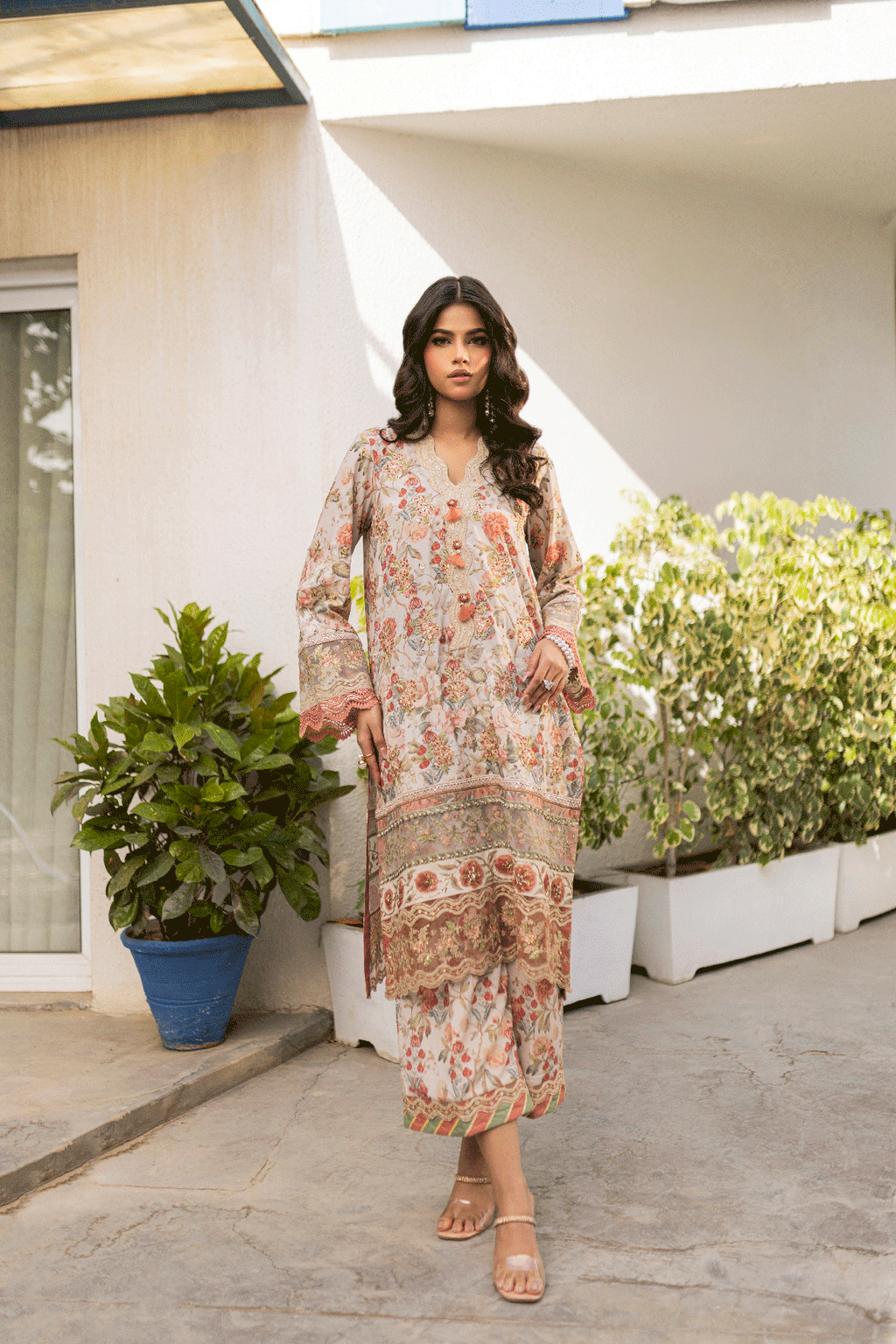 Silk Tunic - 2PCS HAND EMBELLISHED  SHIRT WITH TROUSER-SS24DA-2662 BEIGE