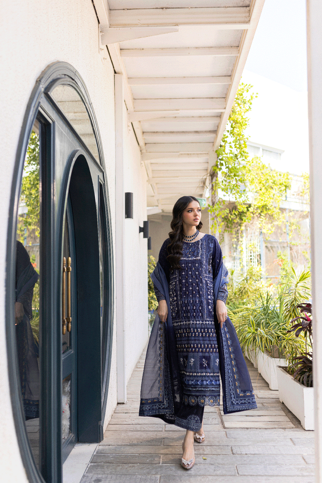 Silk Tunic - 2PCS HAND EMBELLISHED  SHIRT WITH TROUSER-SS24DA-2668 NAVY BLUE