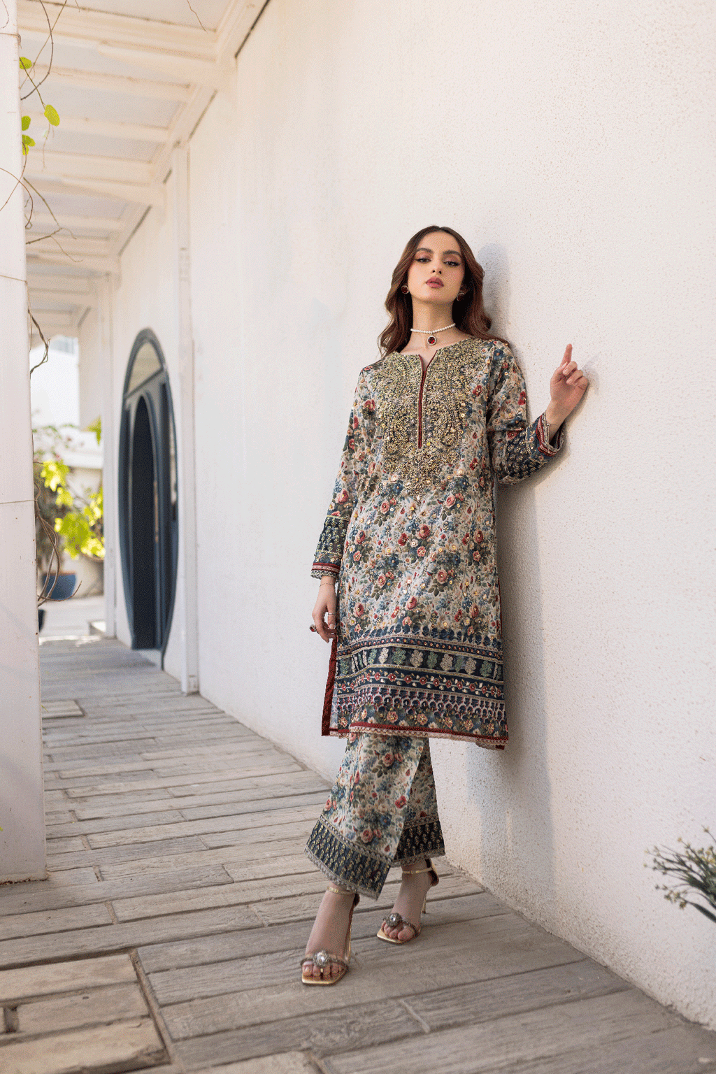 Silk Tunic - 2PCS HAND EMBELLISHED  SHIRT WITH TROUSER-SS24DA-2663 MULTI