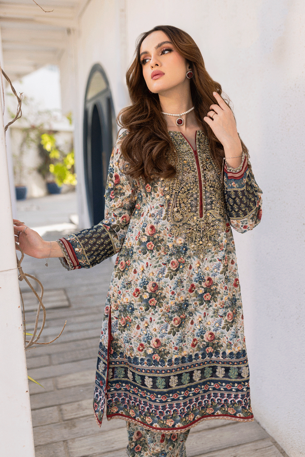 Silk Tunic - 2PCS HAND EMBELLISHED  SHIRT WITH TROUSER-SS24DA-2663 MULTI