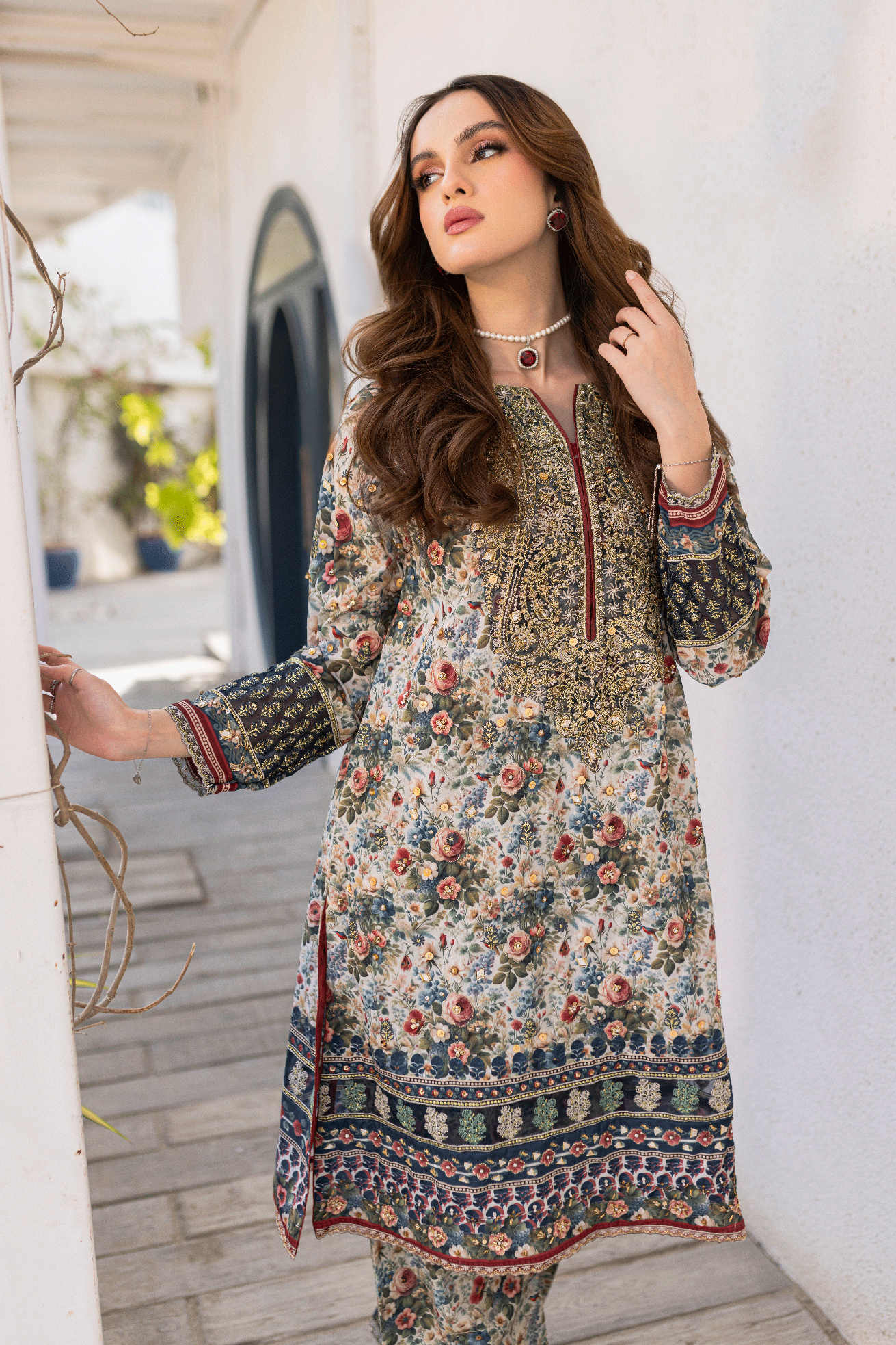 Silk Tunic - 2PCS HAND EMBELLISHED  SHIRT WITH TROUSER-SS24DA-2663 MULTI