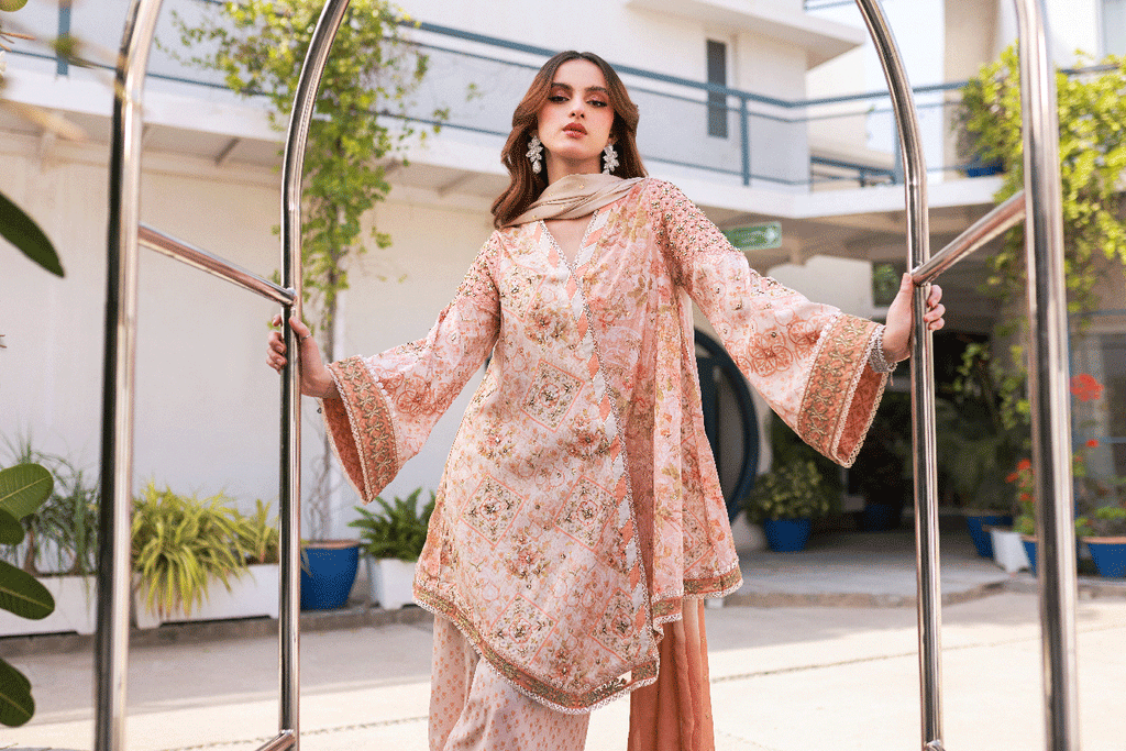 Silk Tunic - 2PCS HAND EMBELLISHED  SHIRT WITH TROUSER-SS24DA-2670 PEACH