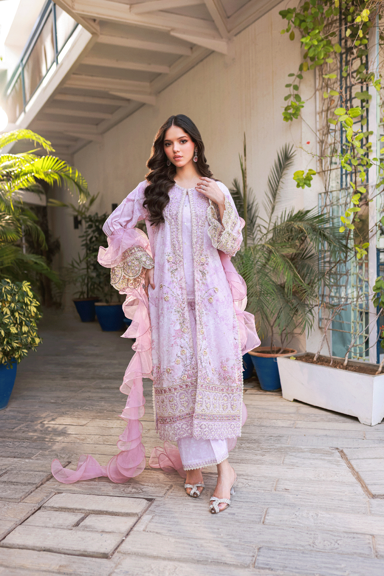 Silk Tunic - 2PCS HAND EMBELLISHED  SHIRT WITH TROUSER-SS24DA-2664 LIGHT PURPLE