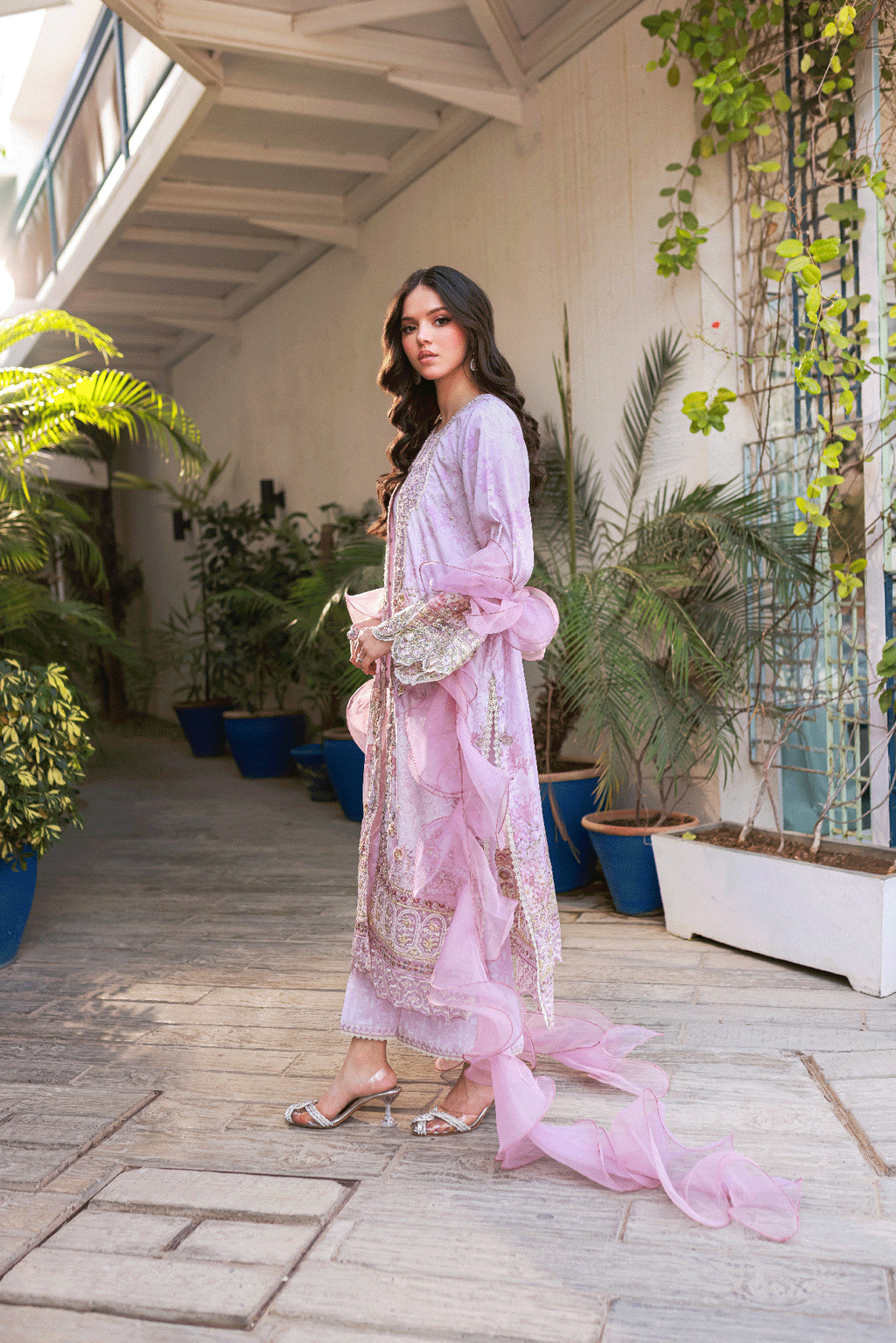 Silk Tunic - 2PCS HAND EMBELLISHED  SHIRT WITH TROUSER-SS24DA-2664 LIGHT PURPLE