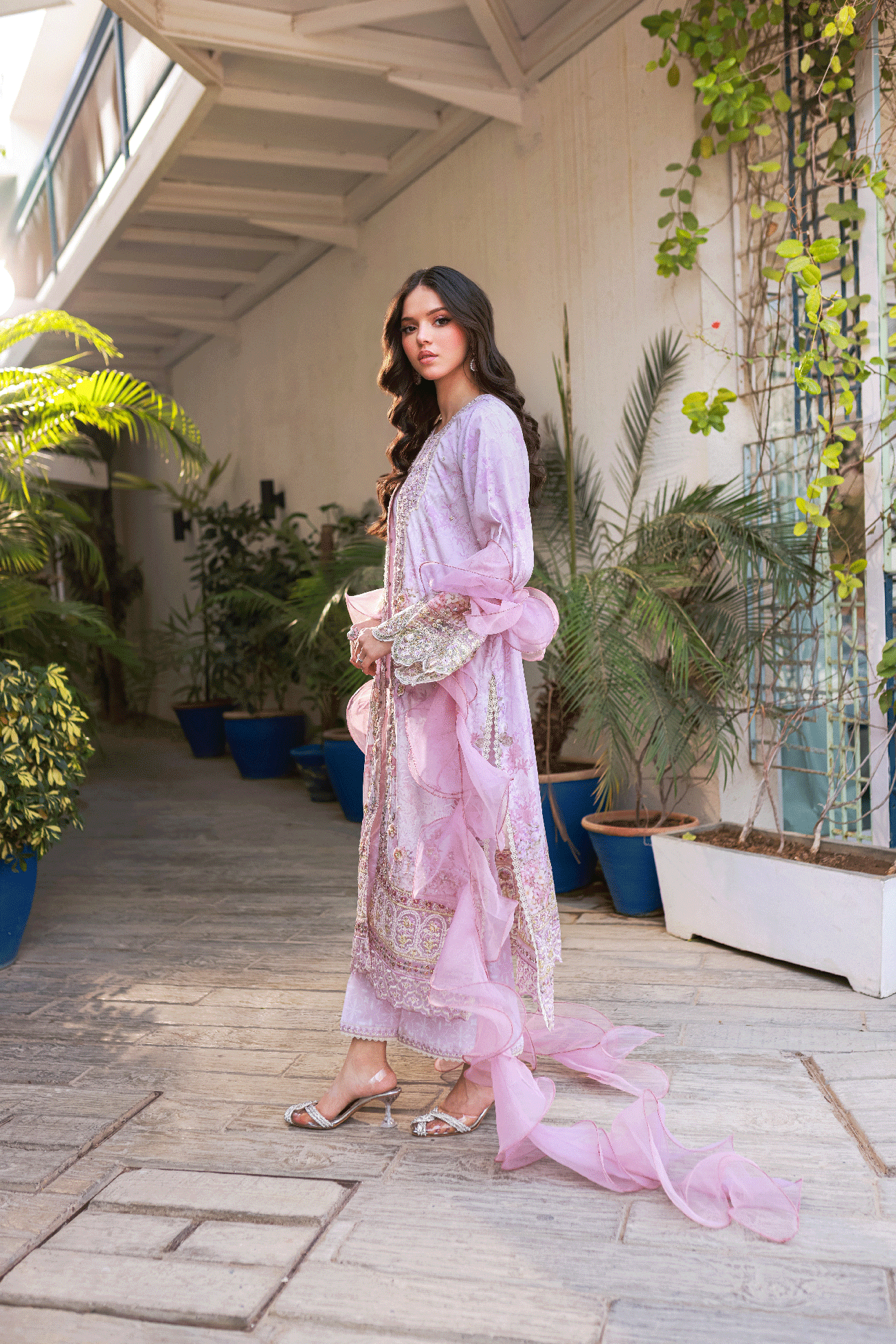 Silk Tunic - 2PCS HAND EMBELLISHED  SHIRT WITH TROUSER-SS24DA-2664 LIGHT PURPLE