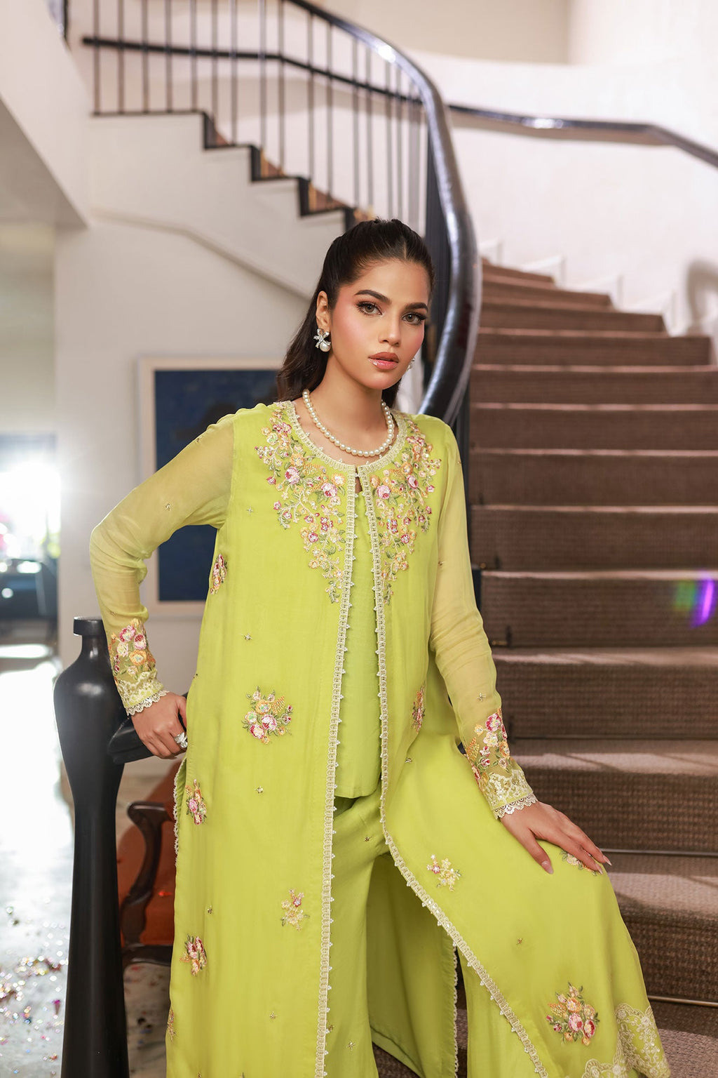 SS25DA-2717 GREEN 2PCS EMBROIDERED KURTA WITH TROUSER