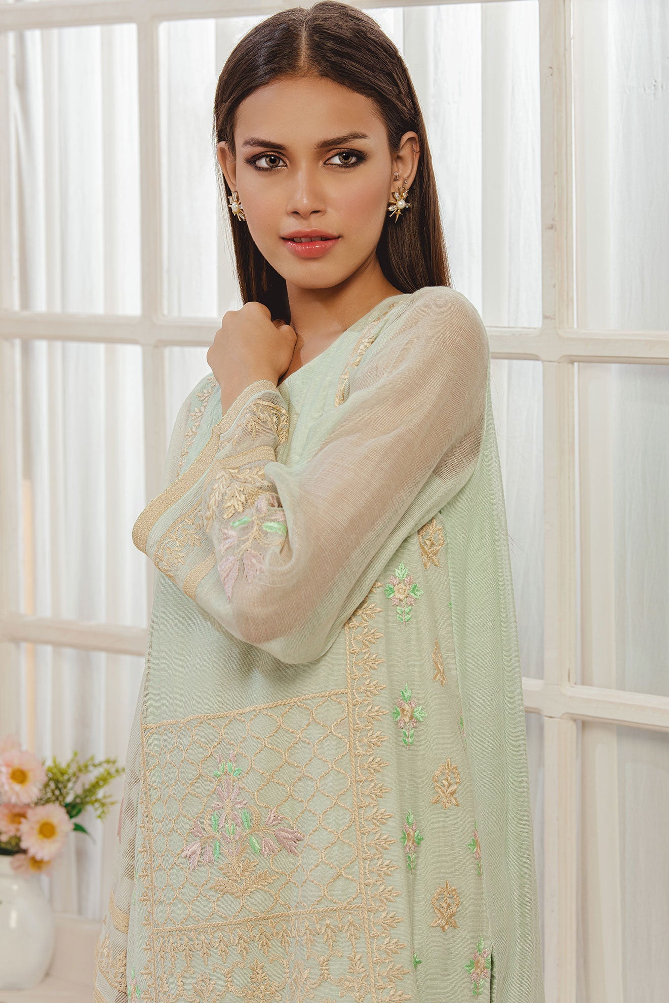 DA-1217 L-GREEN EMBROIDERED KURTA