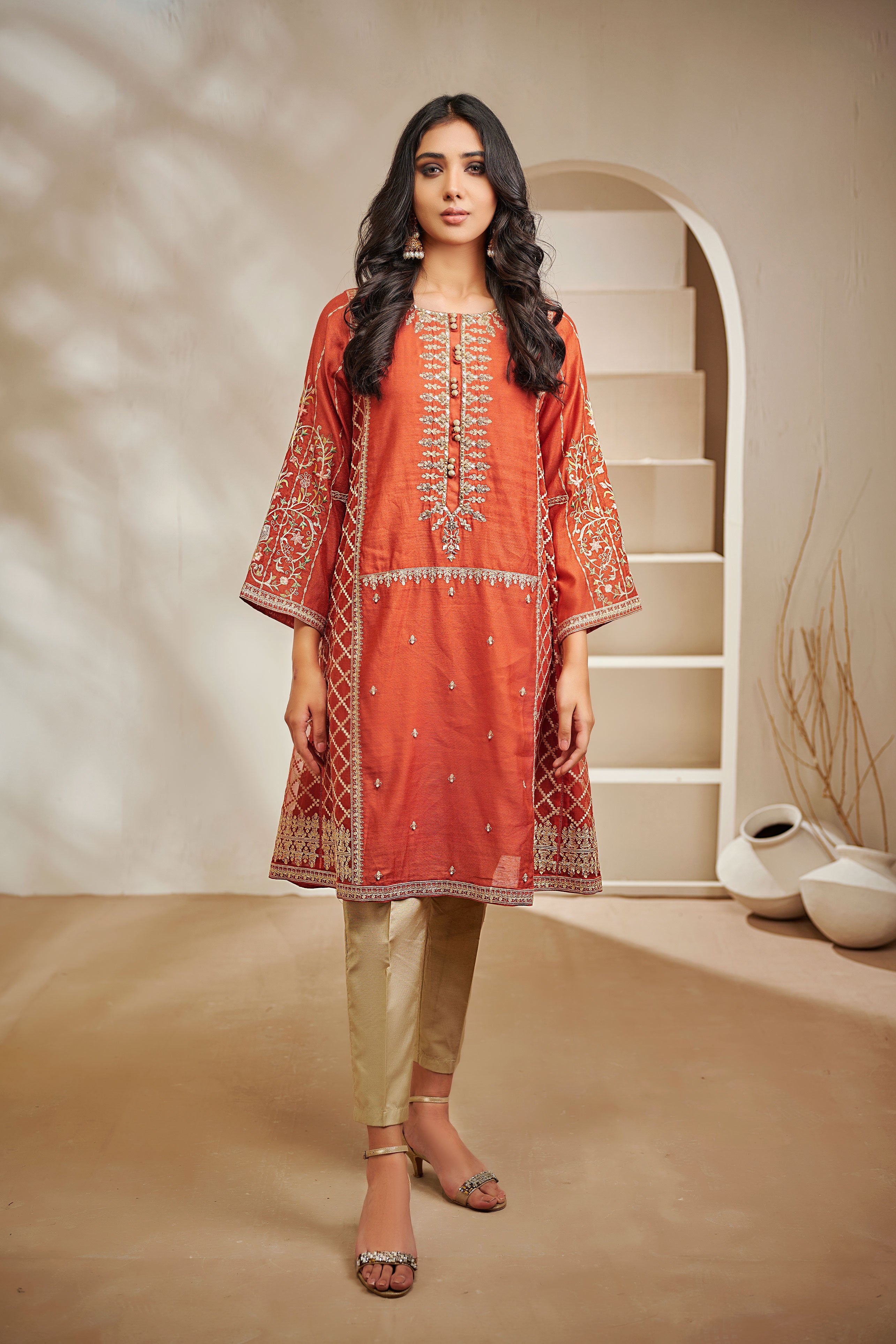 DA-1447 ORANGE EMBROIDERED KURTA