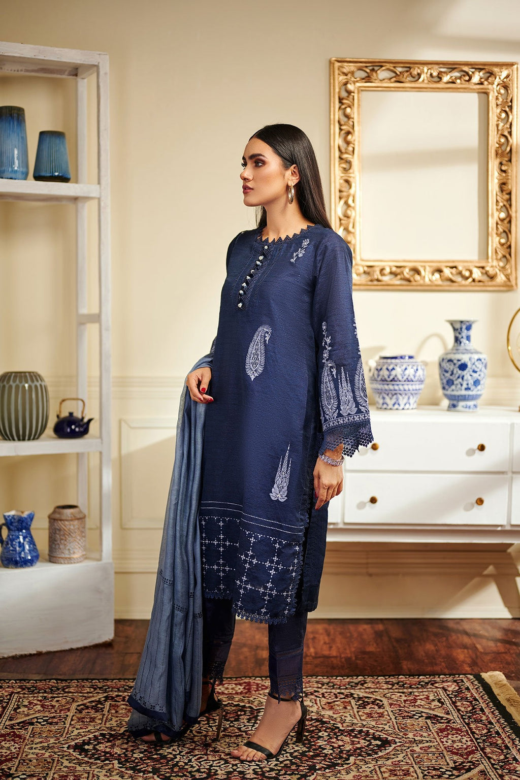 DA-1504 Blue EMBROIDERED KURTA WITH DUPATTA