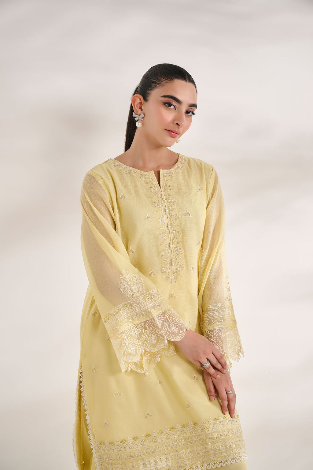 SS24DA-2584   YELLOW  2PCS  EMBROIDERED KURTA WITH TROUSER