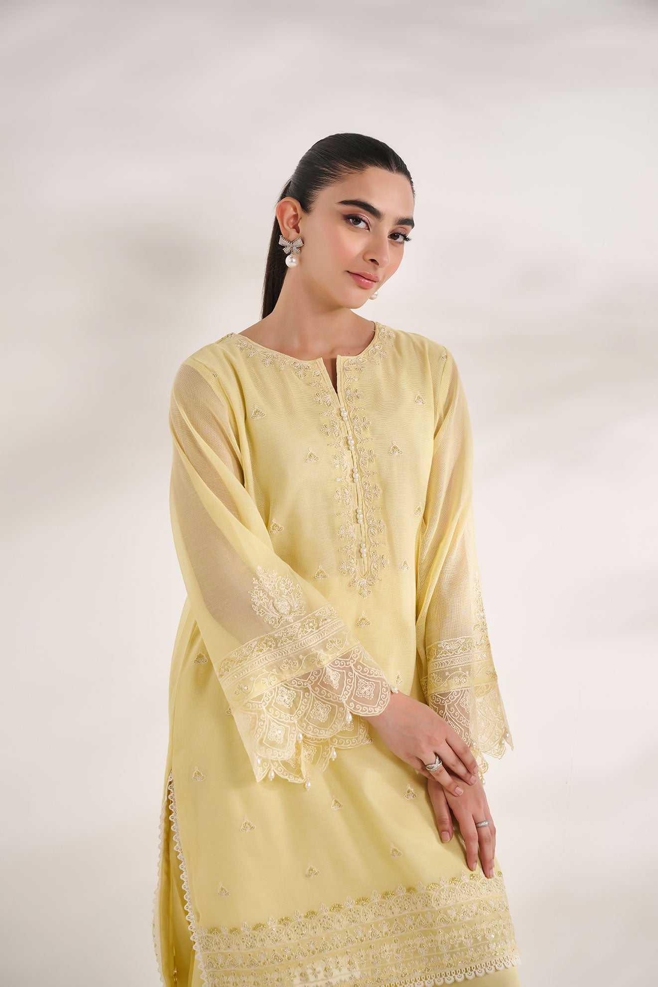 SS24DA-2584   YELLOW  2PCS  EMBROIDERED KURTA WITH TROUSER