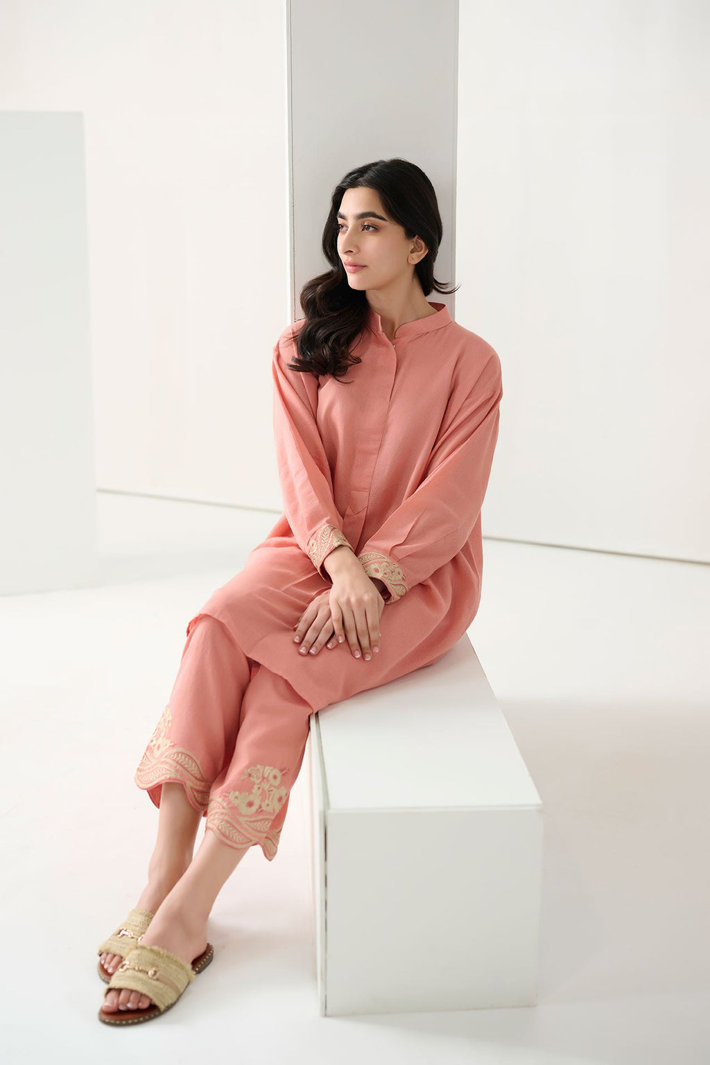 DC-2254 PEACH 2PCS  EMBROIDERED KURTA WITH TROUSER